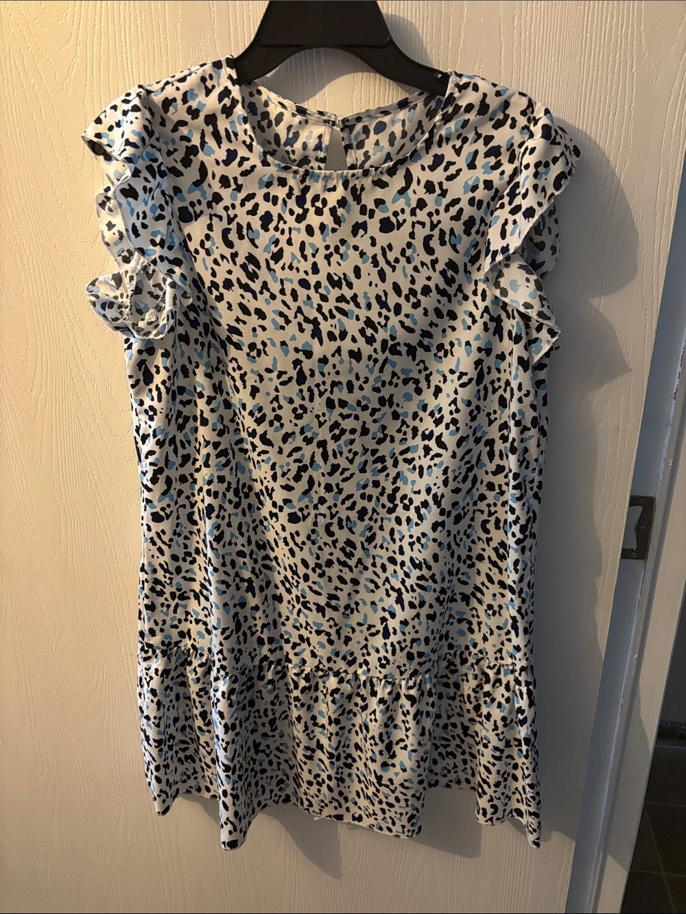 SHEIN White Leopard Print Midi Dress with Blue Accents